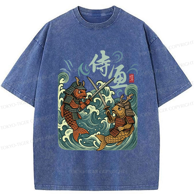 Tokyo-Tiger Japanese Samurai Fish Washed T-Shirt
