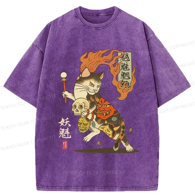 Tokyo-Tiger The Fiery Spirit Of The Yokai Cat Washed T-Shirt