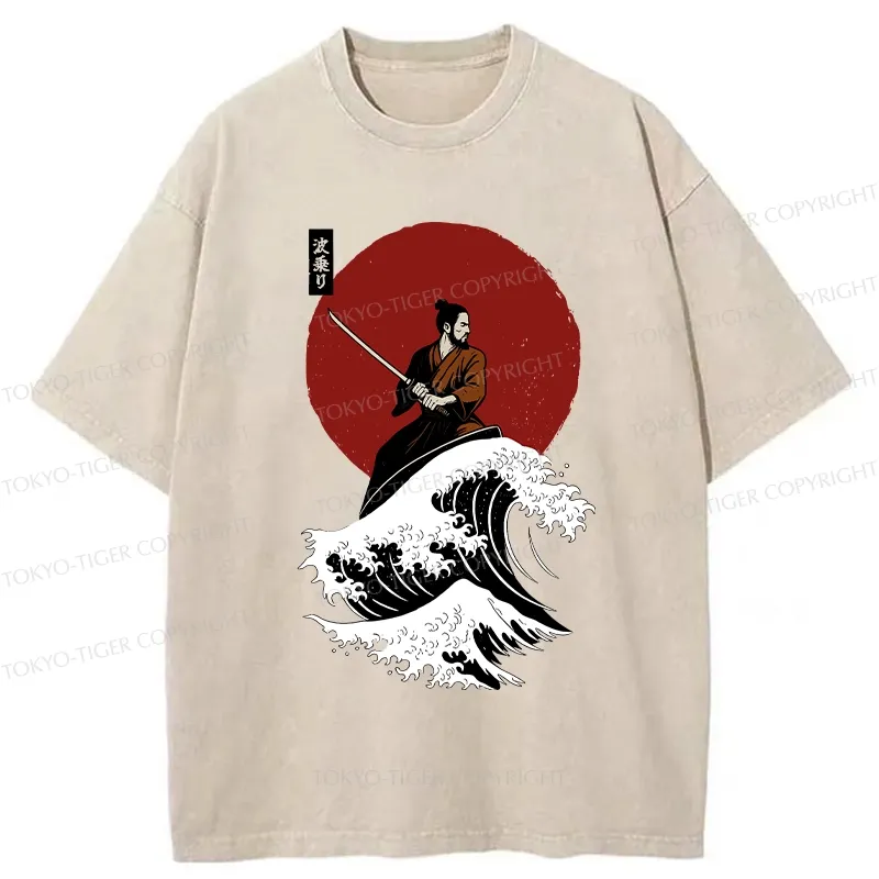Tokyo-Tiger Surfing Japanese Samurai Washed T-Shirt