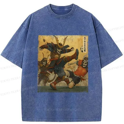 Tokyo-Tiger Skeleton Samurai Playing Football Washed T-Shirt