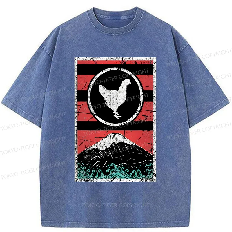 Tokyo-Tiger Mount Fuji And Chicken Washed T-Shirt