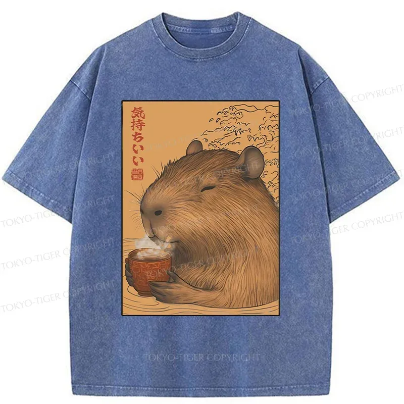 Tokyo-Tiger Capybara Taking A Bath Washed T-Shirt