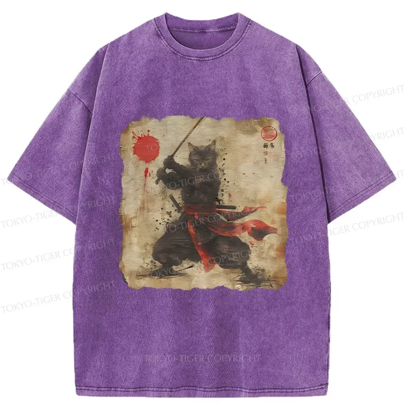 Tokyo-Tiger Retro Japanese Samurai Cat Washed T-Shirt