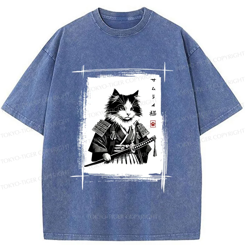 Tokyo-Tiger Tuxedo Samurai Cat Washed T-Shirt