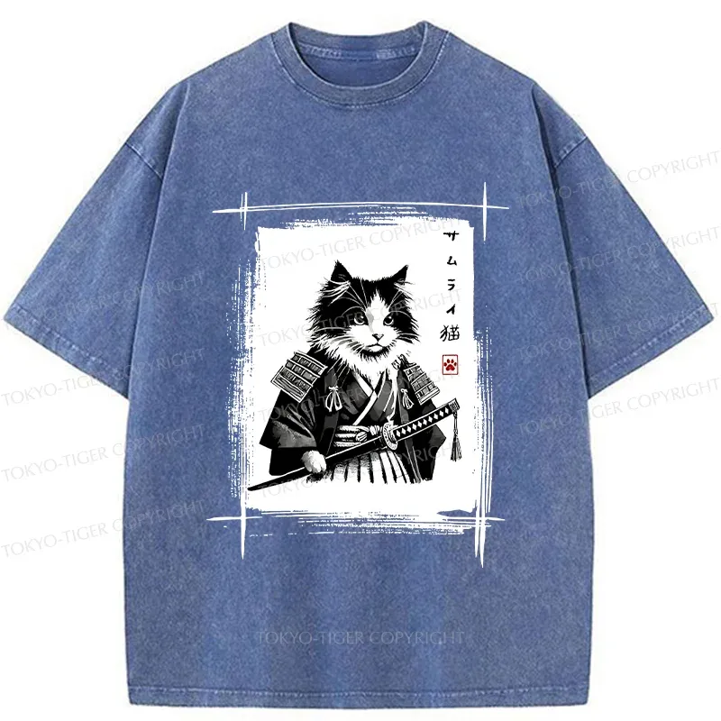 Tokyo-Tiger Tuxedo Samurai Cat Washed T-Shirt