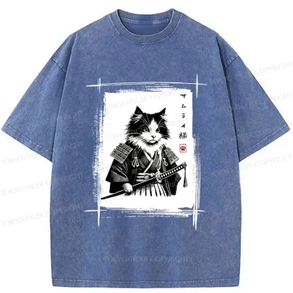 Tokyo-Tiger Tuxedo Samurai Cat Washed T-Shirt