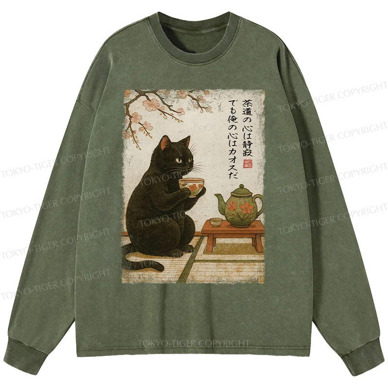 Tokyo-Tiger Tea Time With A Black Cat Washed Long Sleeve T-Shirt