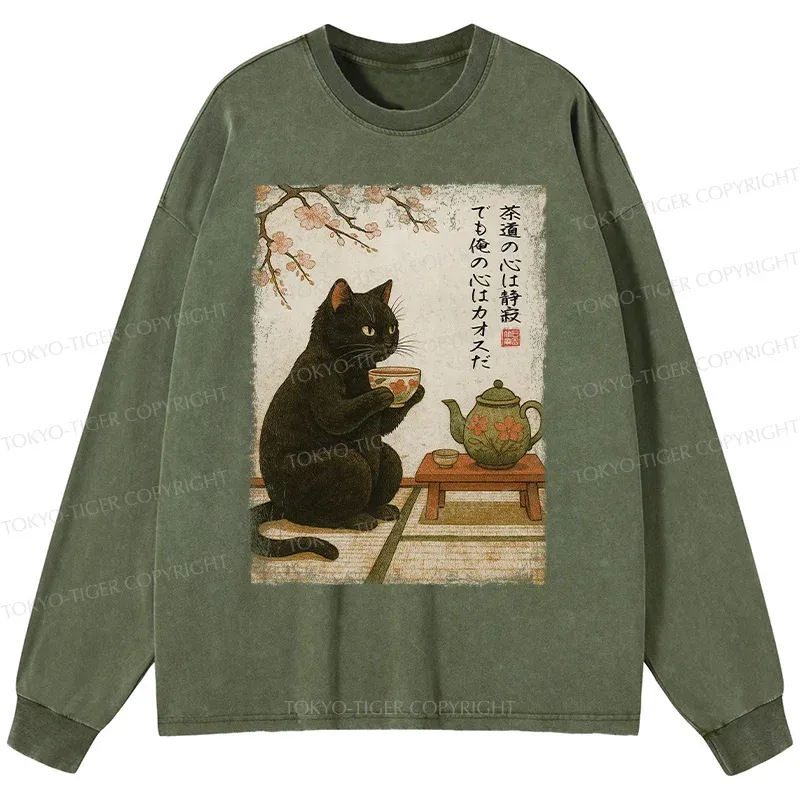 Tokyo-Tiger Tea Time With A Black Cat Washed Long Sleeve T-Shirt