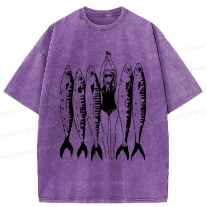 Tokyo-Tiger Swimming People And Fish Washed T-Shirt