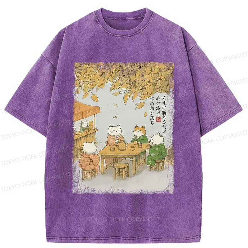 Tokyo-Tiger Cats Drinking Tea Under The Tree Washed T-Shirt