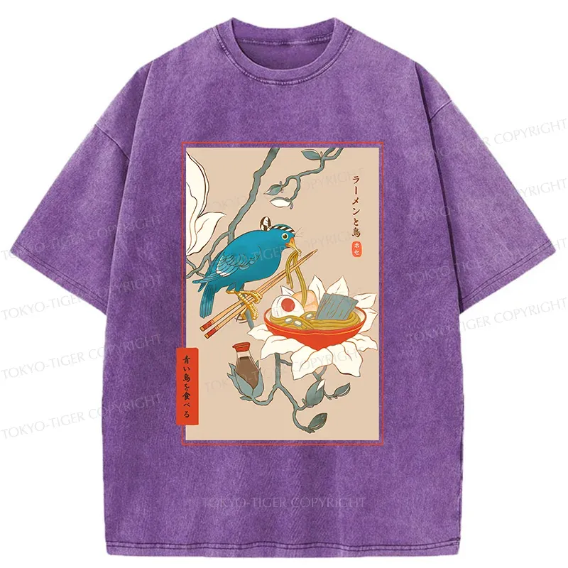 Tokyo-Tiger Bird Eating Ramen Washed T-Shirt