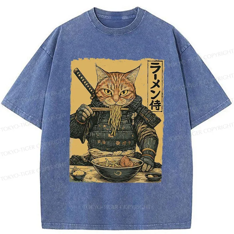Tokyo-Tiger Cat General Eating Ramen Washed T-Shirt