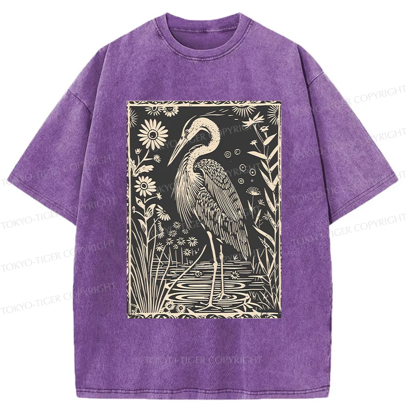 Tokyo-Tiger Woodcut Crane Japan Washed T-Shirt