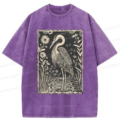 Tokyo-Tiger Woodcut Crane Japan Washed T-Shirt