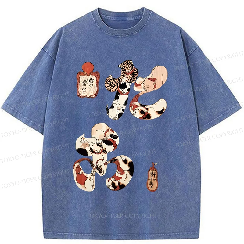 Tokyo-Tiger Funny Cat Kanji Washed T-Shirt