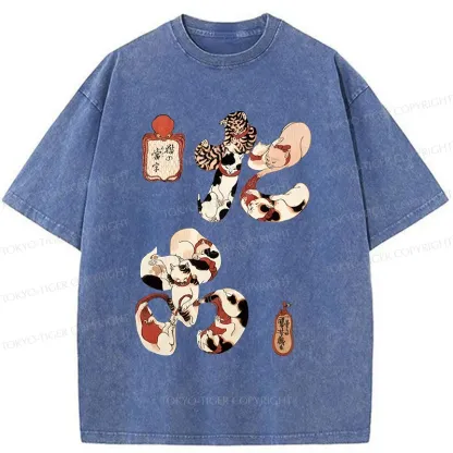 Tokyo-Tiger Funny Cat Kanji Washed T-Shirt