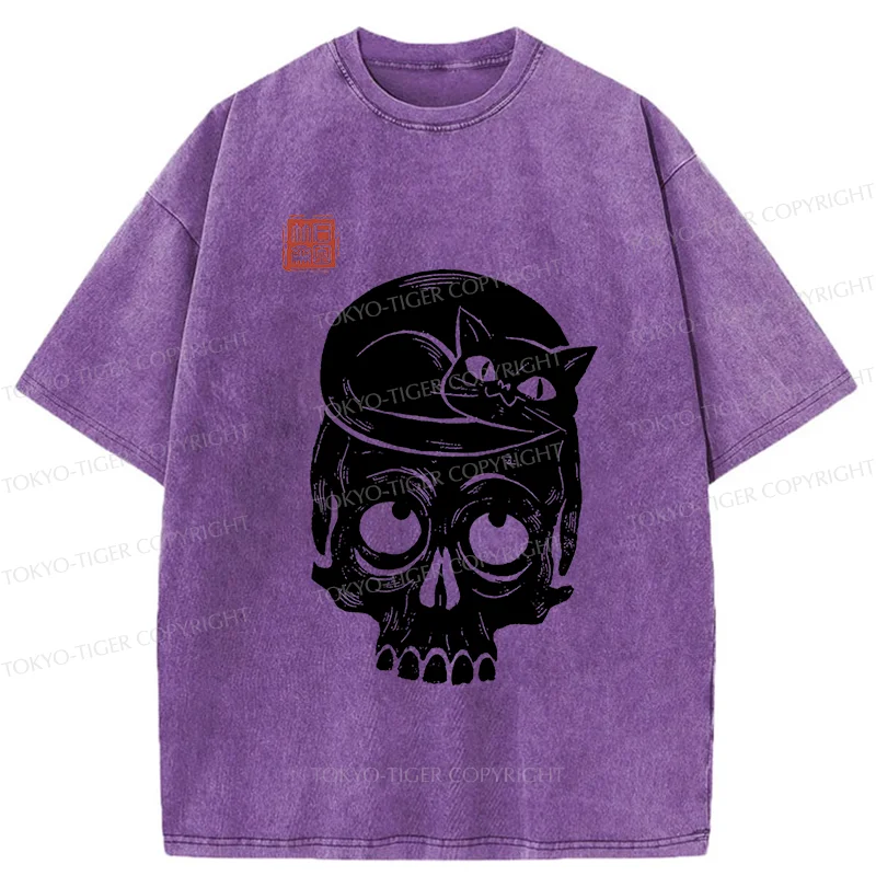 Tokyo-Tiger Woodcut Cat And Skeleton Washed T-Shirt