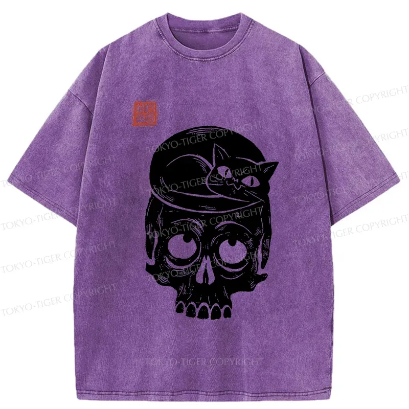 Tokyo-Tiger Woodcut Cat And Skeleton Washed T-Shirt Sale