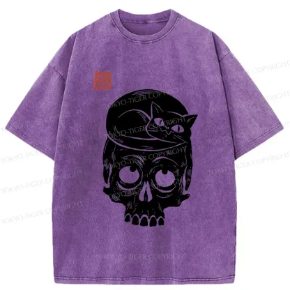 Tokyo-Tiger Woodcut Cat And Skeleton Washed T-Shirt