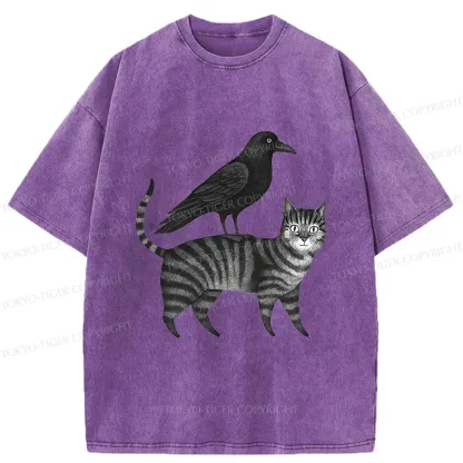 Tokyo-Tiger Crow Riding A Cat Washed T-Shirt