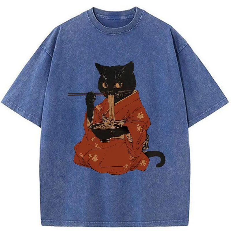 Tokyo-Tiger Cat Addicted To Ramen Washed T-Shirt