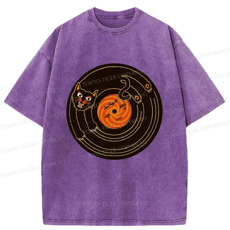Tokyo-Tiger Cat Scratching Record Washed T-Shirt