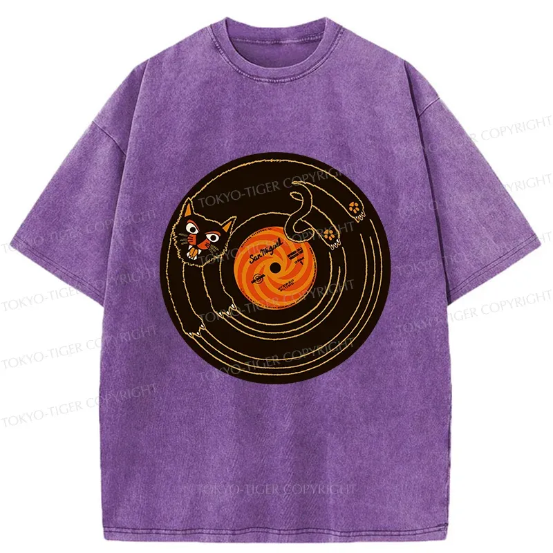 Tokyo-Tiger Cat Scratching Record Washed T-Shirt