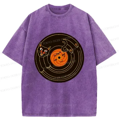 Tokyo-Tiger Cat Scratching Record Washed T-Shirt