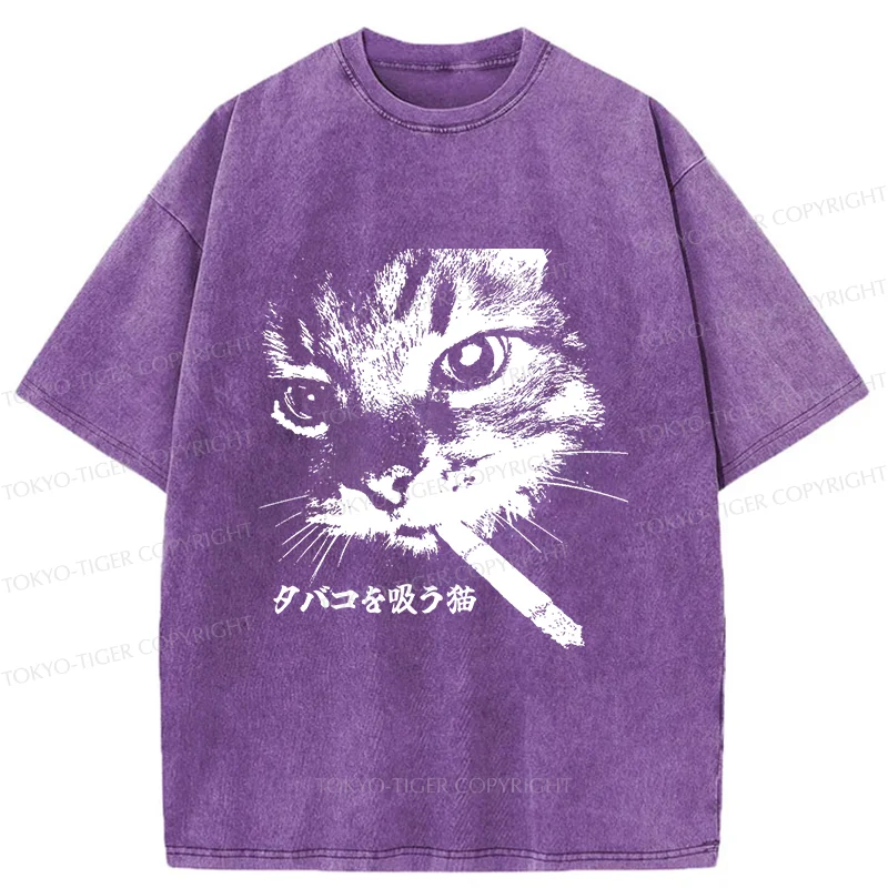 Tokyo-Tiger Retro Cat Smoking Washed T-Shirt