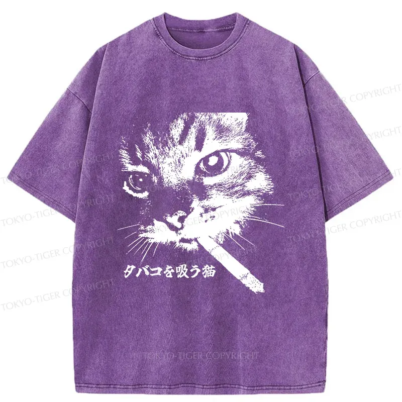 Tokyo-Tiger Retro Cat Smoking Washed T-Shirt