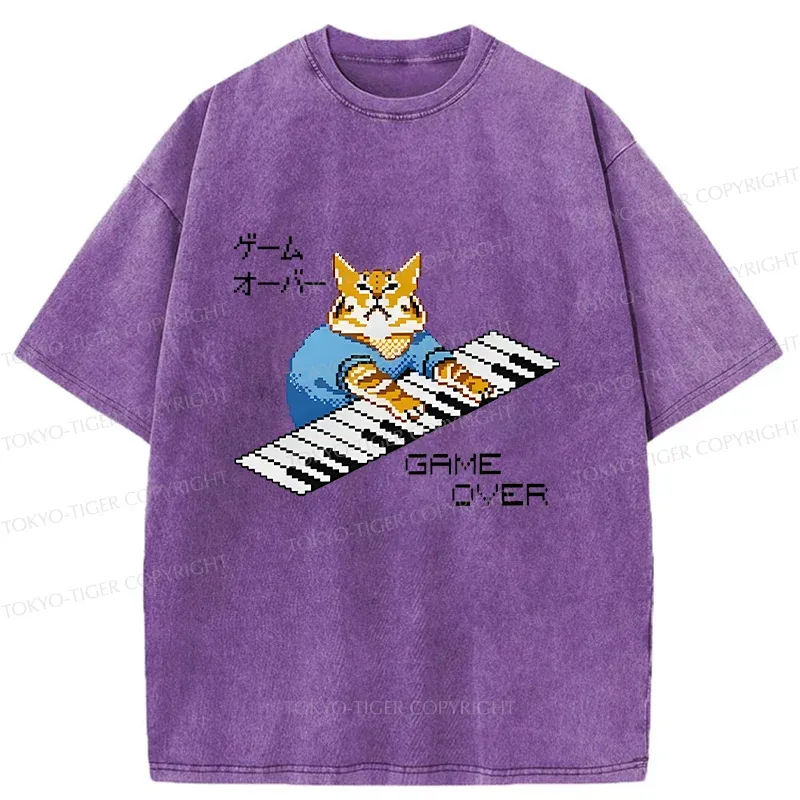 Tokyo-Tiger Cat Playing The Piano Washed T-Shirt