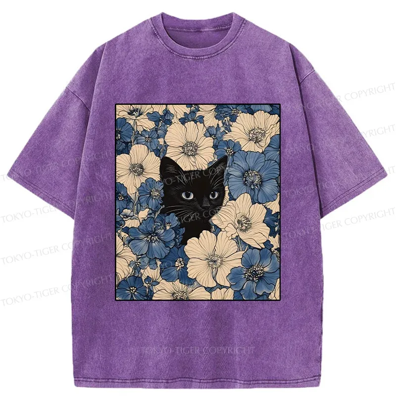 Tokyo-Tiger Cat In The Flowers Washed T-Shirt