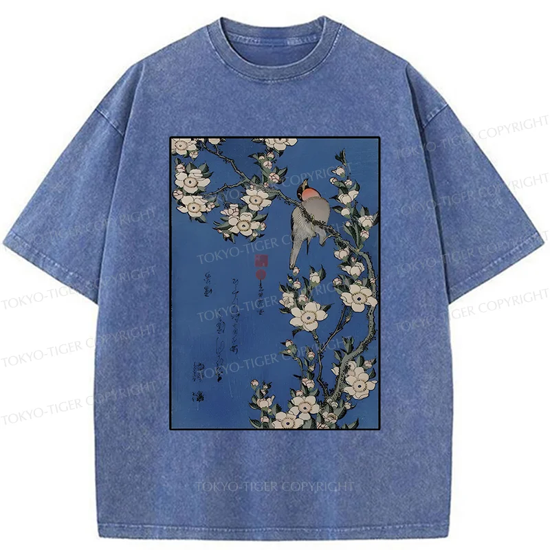 Tokyo-Tiger Japanese Bird And Wood Painting Washed T-Shirt