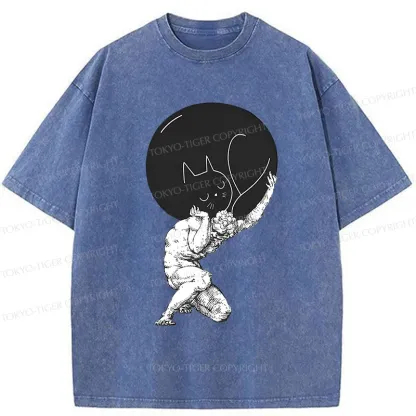 Tokyo-Tiger Stone Statue Holding A Cat Washed T-Shirt