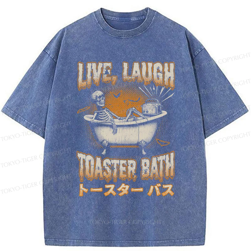 Tokyo-Tiger Skeleton Taking A Bath Washed T-Shirt