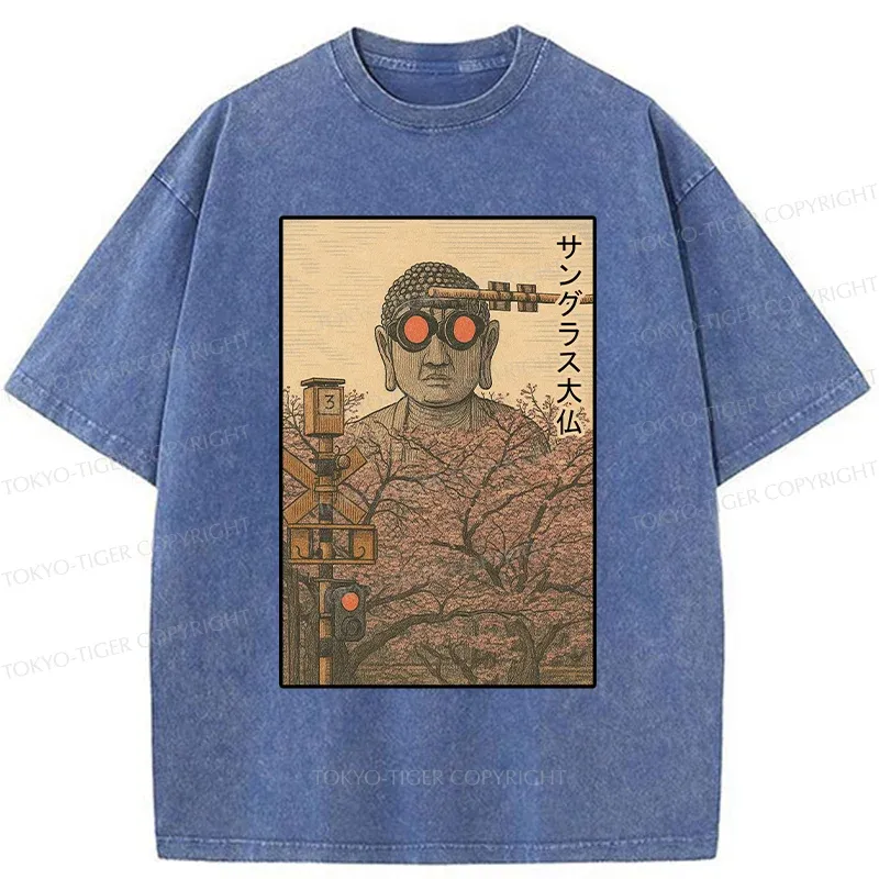 Tokyo-Tiger Buddha Statue Wearing Sunglasses Washed T-Shirt