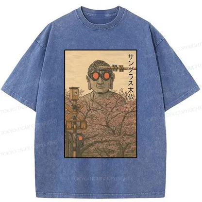 Tokyo-Tiger Buddha Statue Wearing Sunglasses Washed T-Shirt