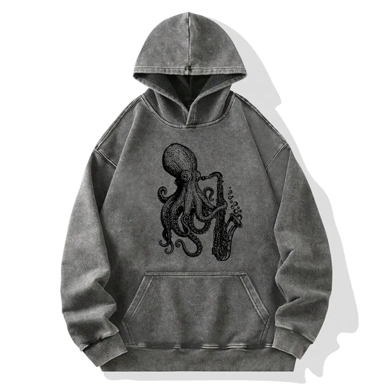 Tokyo-Tiger Octopus Playing Saxophone Washed Hoodie