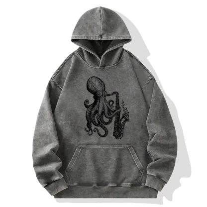 Tokyo-Tiger Octopus Playing Saxophone Washed Hoodie
