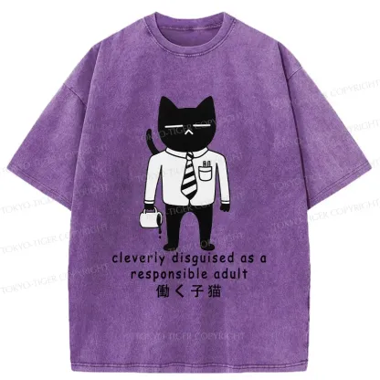 Tokyo-Tiger Cat At Work Washed T-Shirt