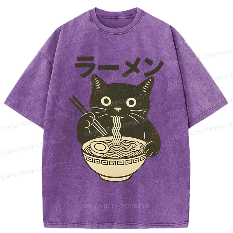 Tokyo-Tiger Simple Black Cat Eating Ramen Washed T-Shirt