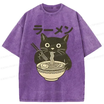 Tokyo-Tiger Simple Black Cat Eating Ramen Washed T-Shirt