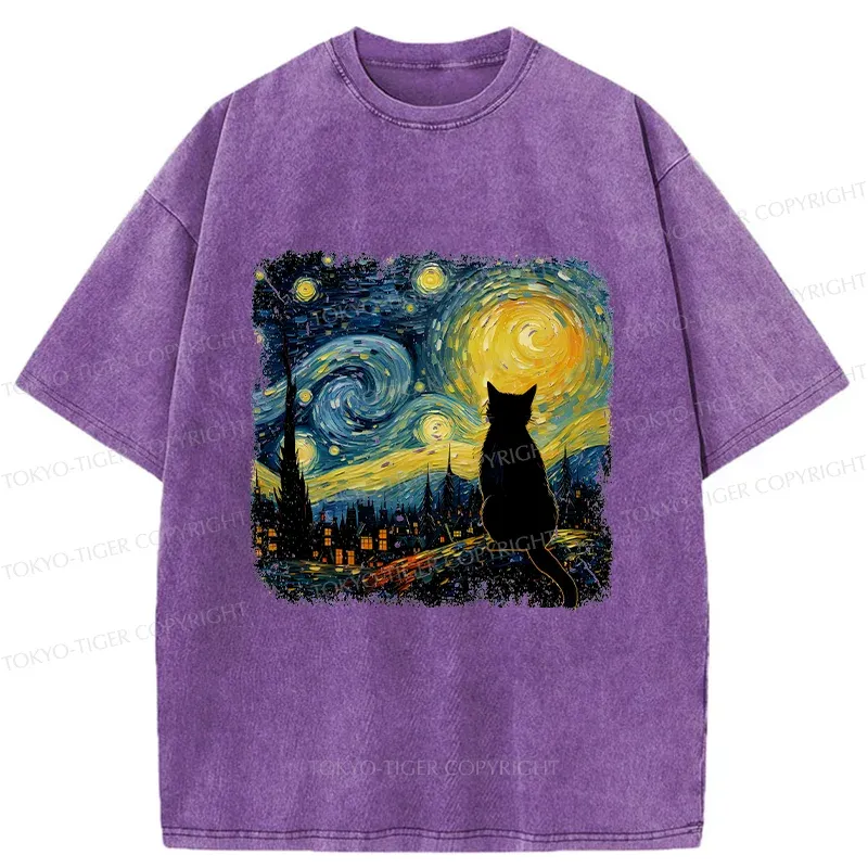 Tokyo-Tiger The Starry Night Cat Washed T-Shirt