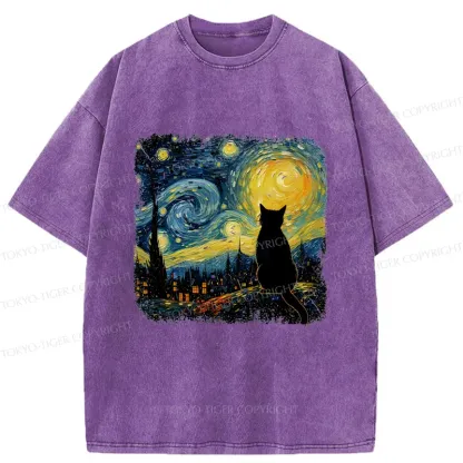 Tokyo-Tiger The Starry Night Cat Washed T-Shirt