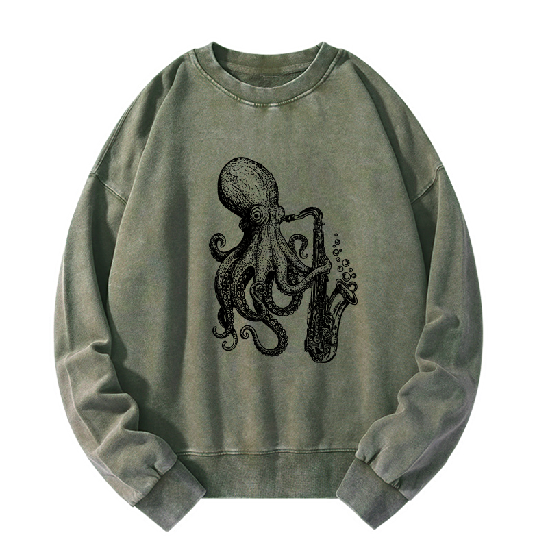 Tokyo-Tiger Octopus Playing Saxophone Washed Sweatshirt
