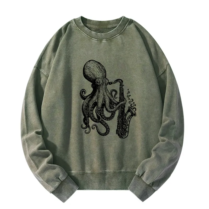 Tokyo-Tiger Octopus Playing Saxophone Washed Sweatshirt