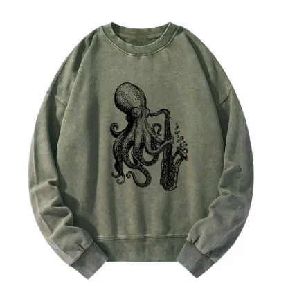 Tokyo-Tiger Octopus Playing Saxophone Washed Sweatshirt
