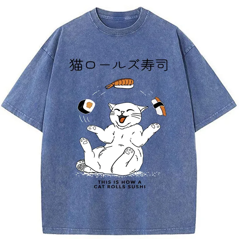Tokyo-Tiger Funny Cat Rolls Sushi Washed T-Shirt