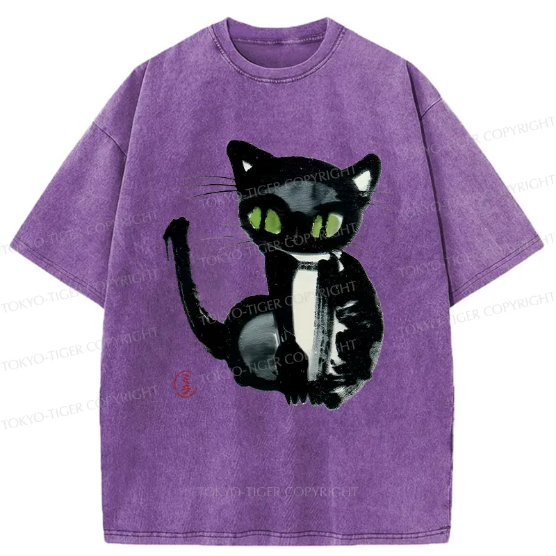 Tokyo-Tiger Ink Painting Cat Washed T-Shirt