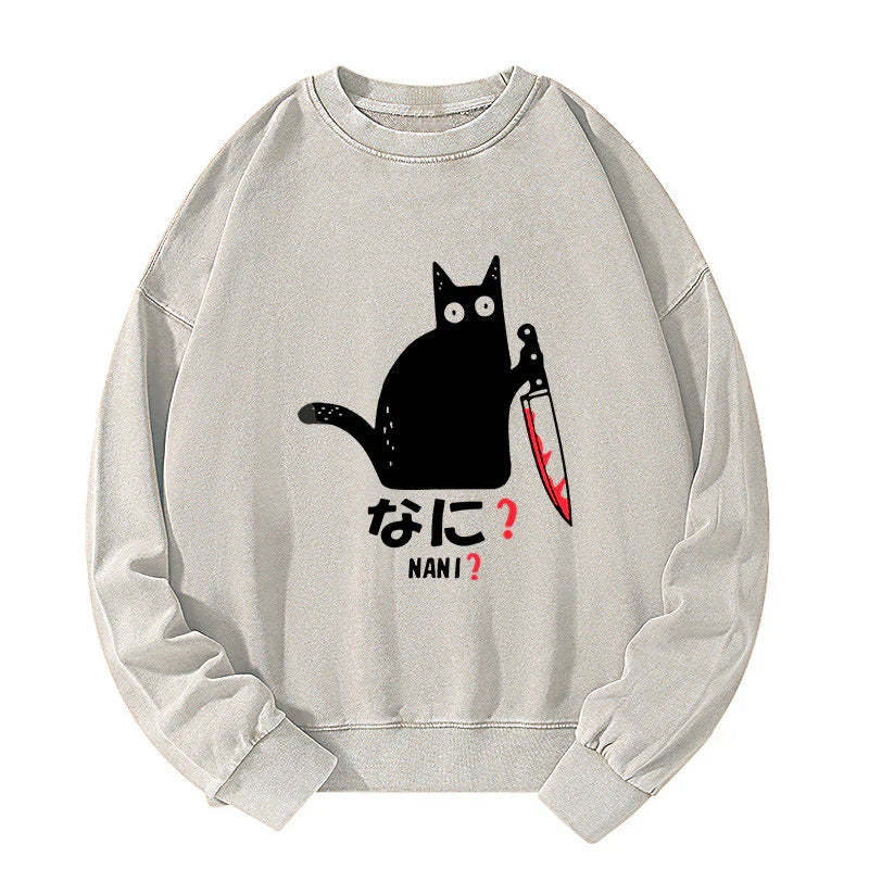 Tokyo-Tiger A Puzzled Cat Holding A Knife Washed Sweatshirt